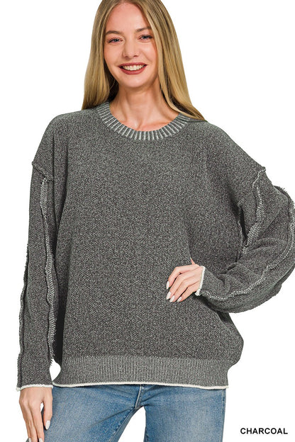 Zenana Exposed Seam Round Neck Sweater 2649A