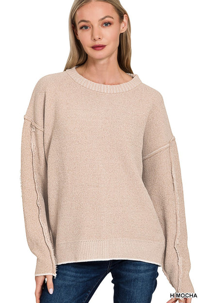 Zenana Exposed Seam Round Neck Sweater 2649A