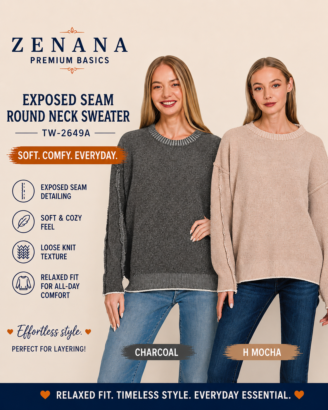 Zenana Exposed Seam Round Neck Sweater 2649A