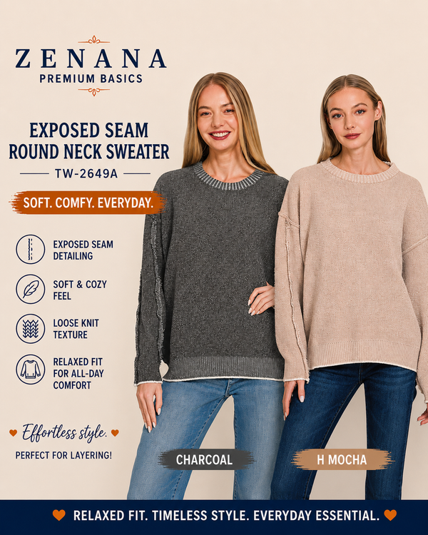 Zenana Exposed Seam Round Neck Sweater 2649A