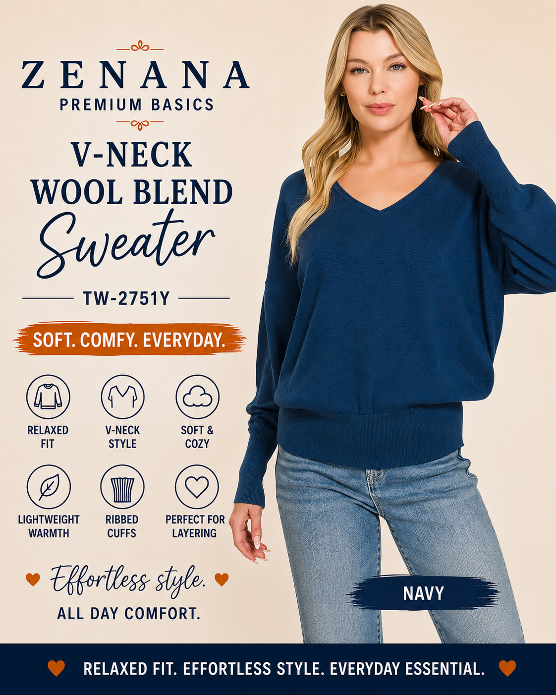Zenana V-neck Wool Blend Sweater Navy 2751Y