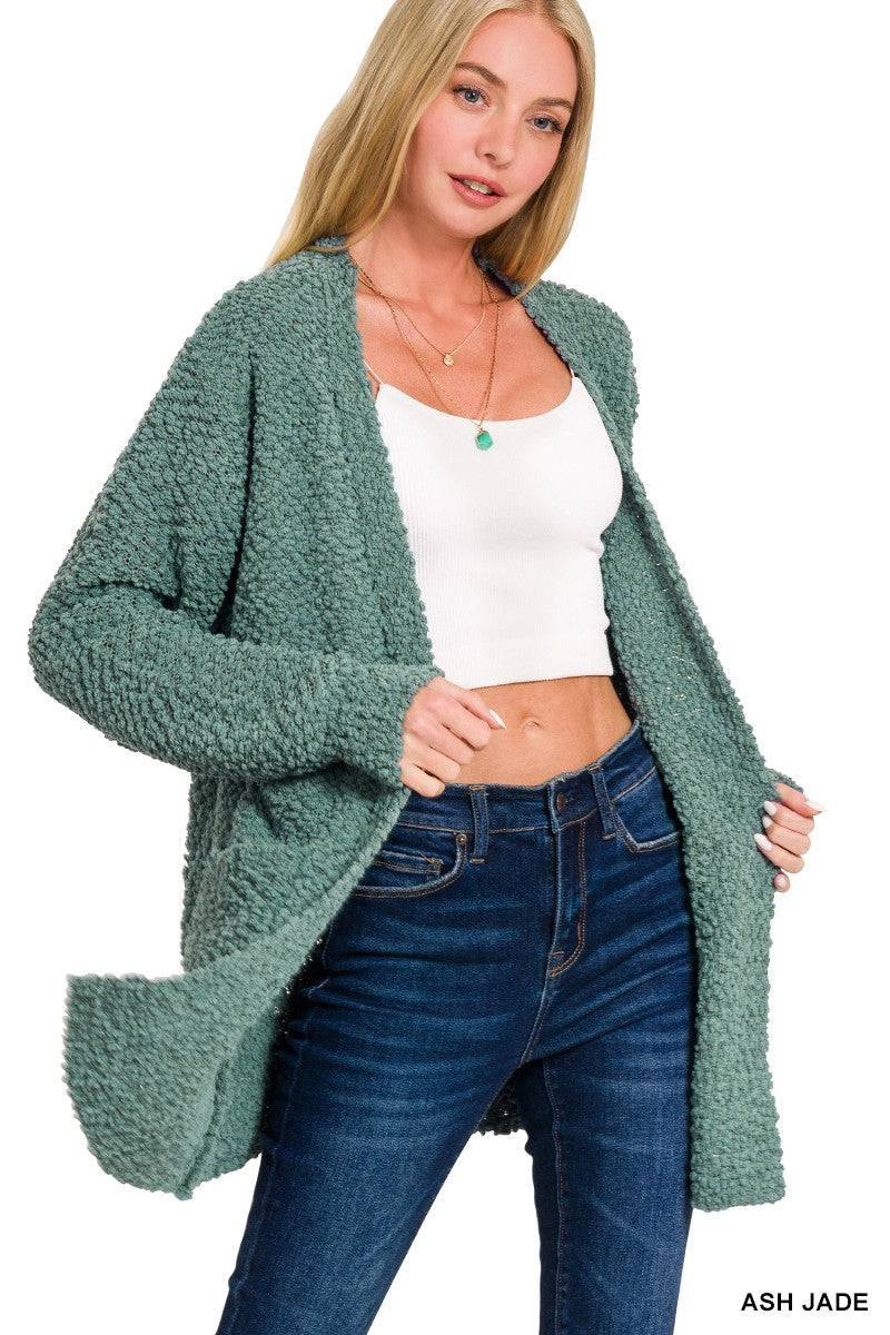 Zenana Long Sleeve Popcorn Sweater Cardigan With Pockets 1938D4