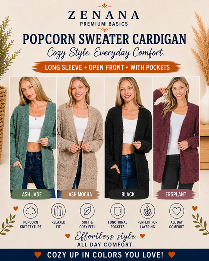 Zenana Long Sleeve Popcorn Sweater Cardigan With Pockets 1938D4