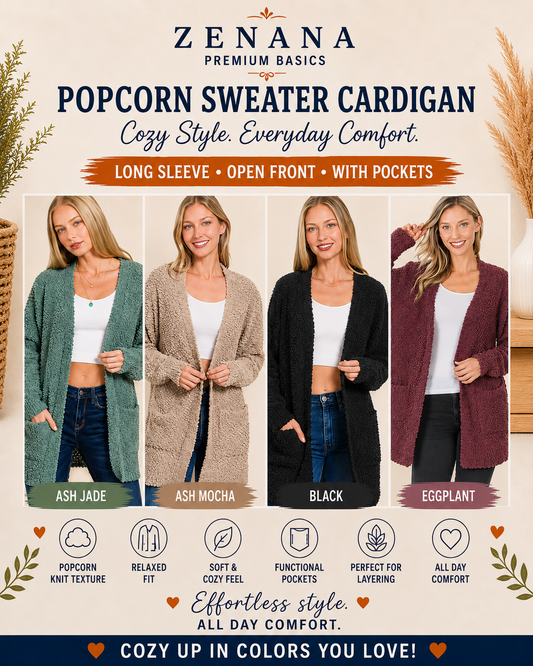 Zenana Long Sleeve Popcorn Sweater Cardigan With Pockets 1938D4