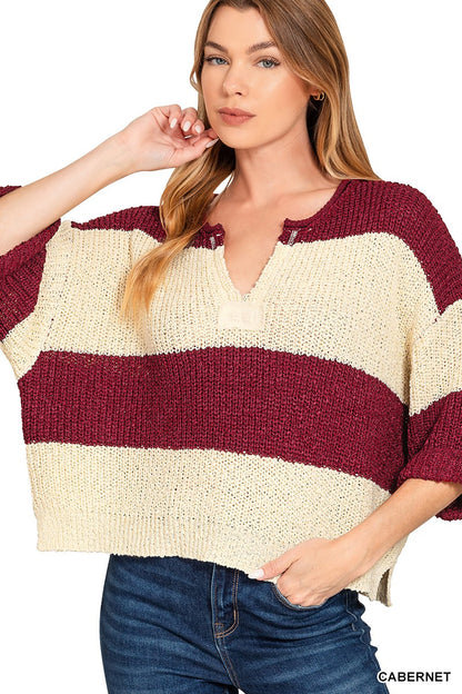 Zenana Split Neck Stripe Sweater Cabernet 2693A5