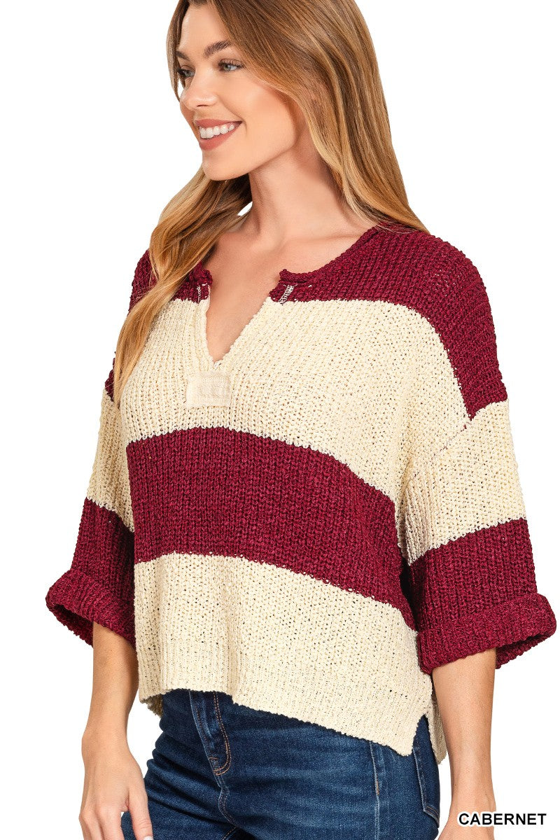 Zenana Split Neck Stripe Sweater Cabernet 2693A5