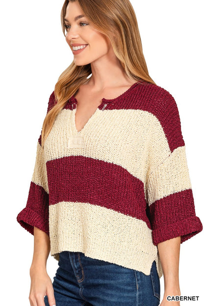 Zenana Split Neck Stripe Sweater Cabernet 2693A5