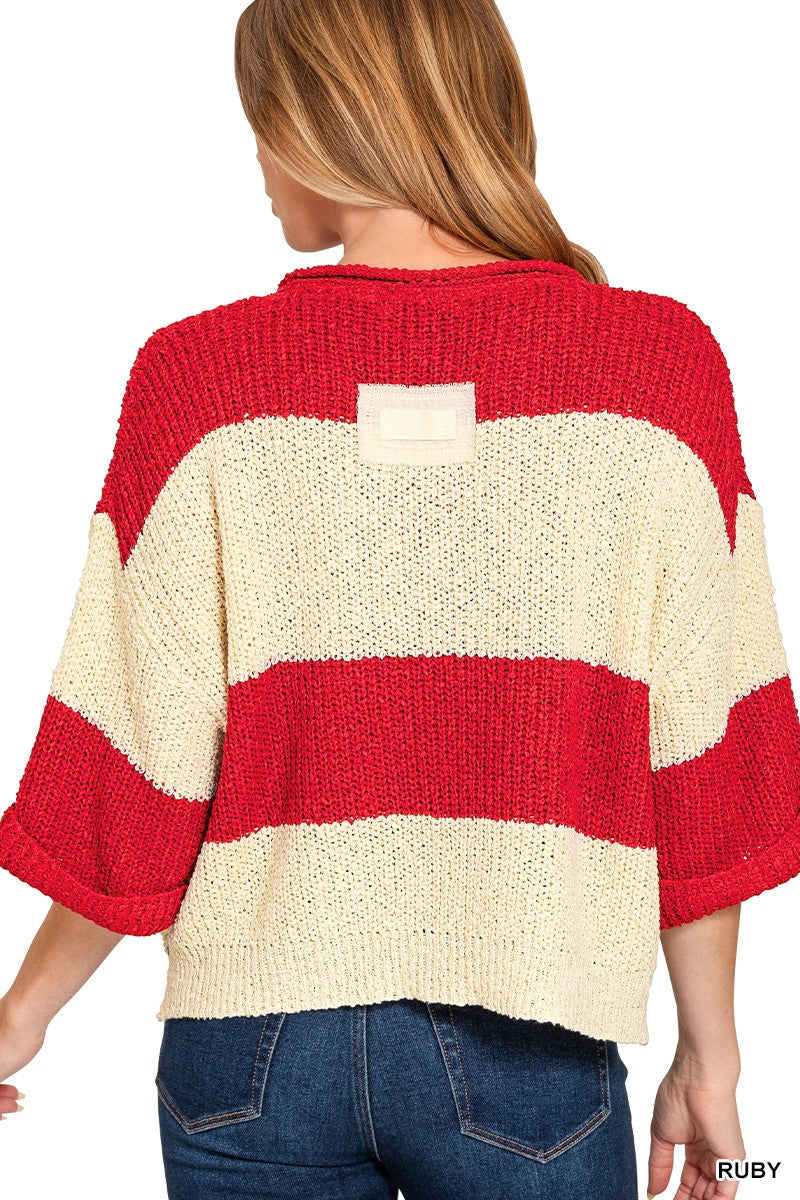 Zenana Split Neck Stripe Sweater Cabernet 2693A5