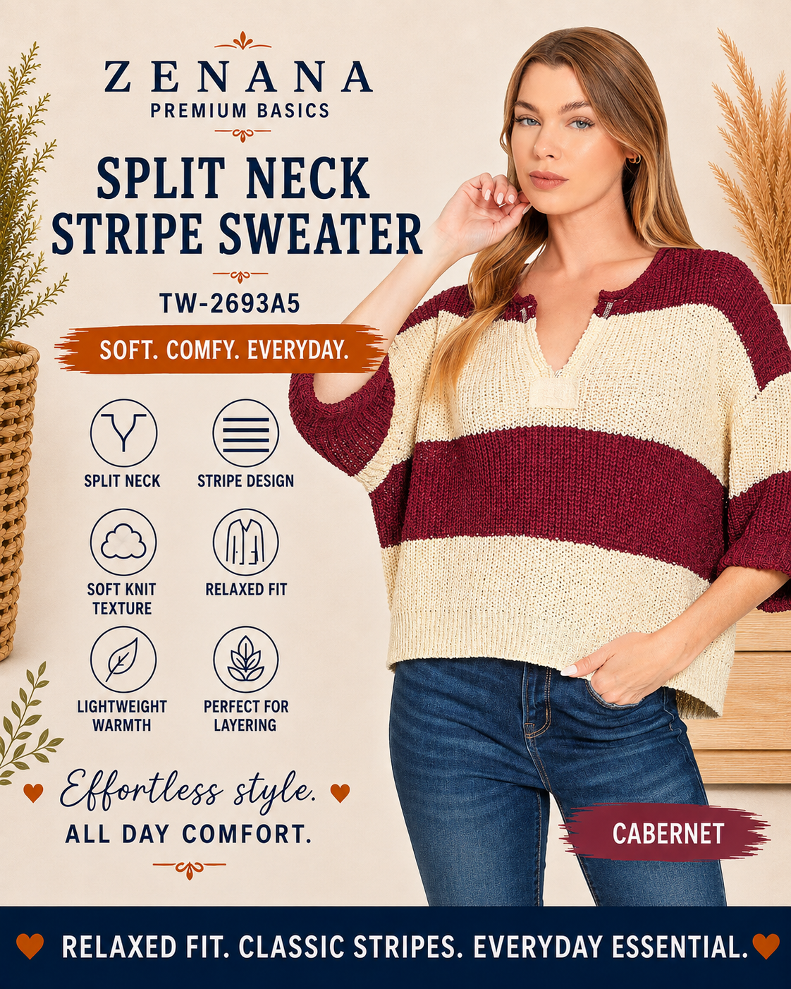 Zenana Split Neck Stripe Sweater Cabernet 2693A5
