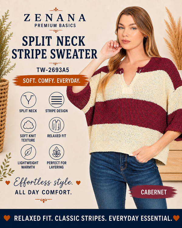 Zenana Split Neck Stripe Sweater Cabernet 2693A5