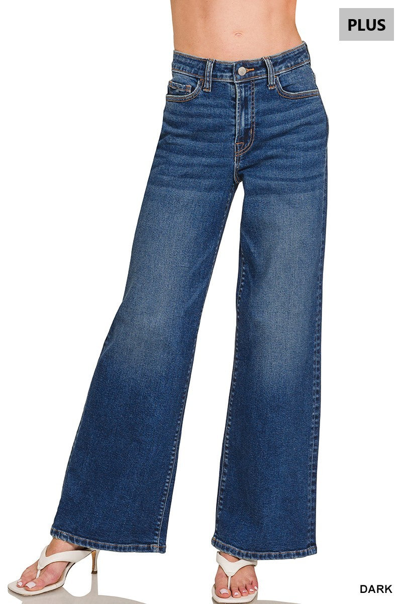 Zenana Plus Dark Wash Wide Leg Denim Pants 9586DDX