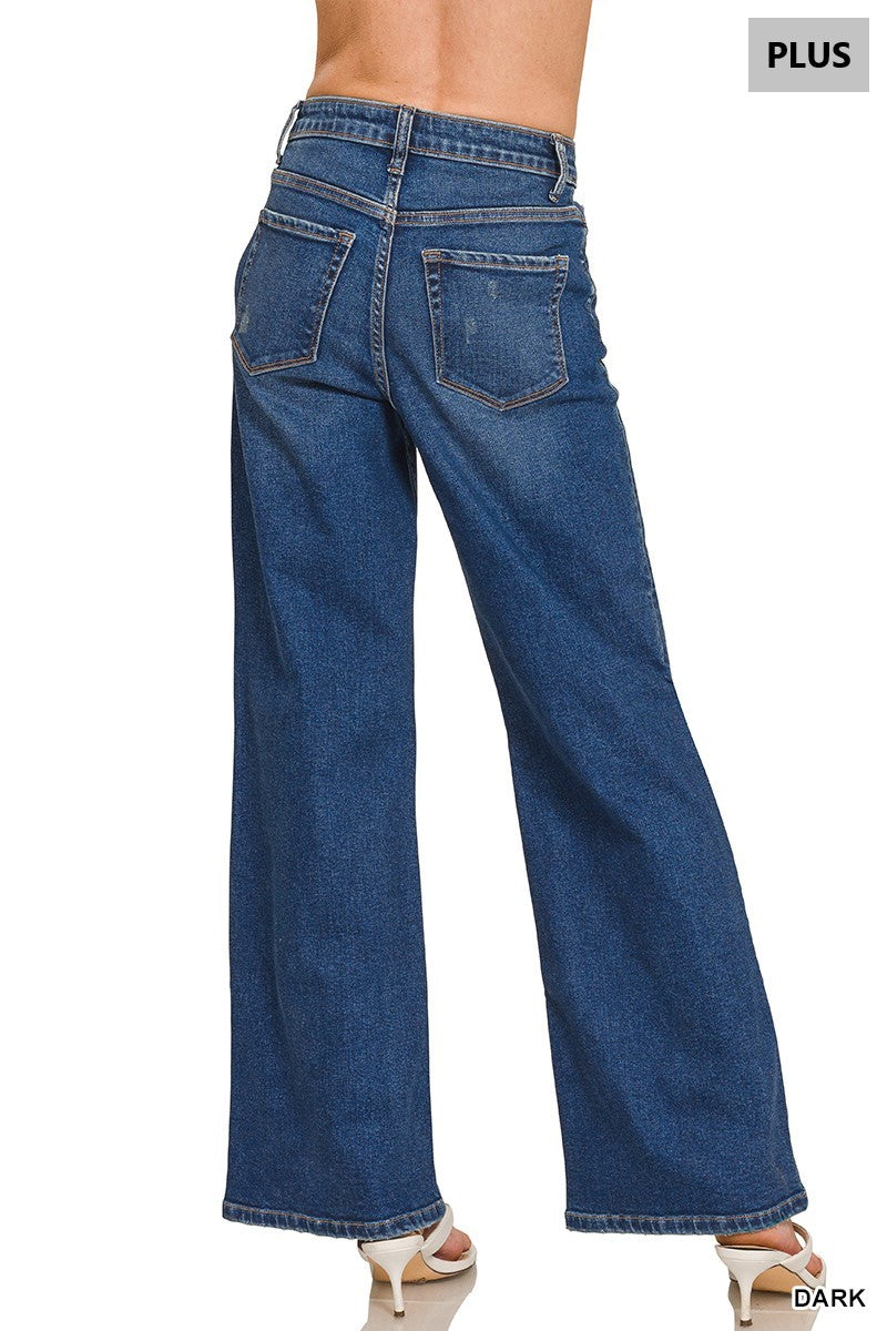 Zenana Plus Dark Wash Wide Leg Denim Pants 9586DDX