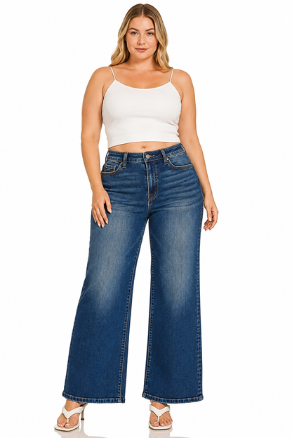 Zenana Plus Dark Wash Wide Leg Denim Pants 9586DDX