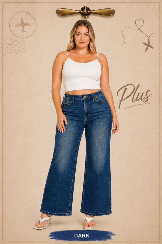 Zenana Plus Dark Wash Wide Leg Denim Pants 9586DDX